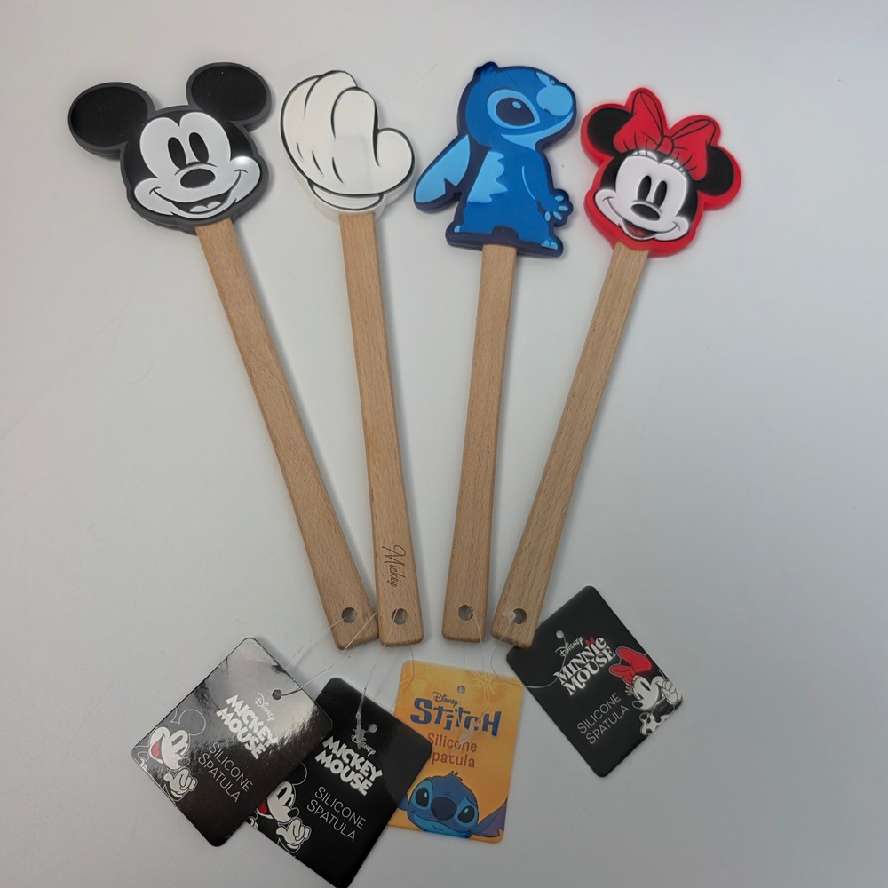 Disney Silicone Spatula Set 4pc Mickey Minnie Mouse Stitch Wood Handle New